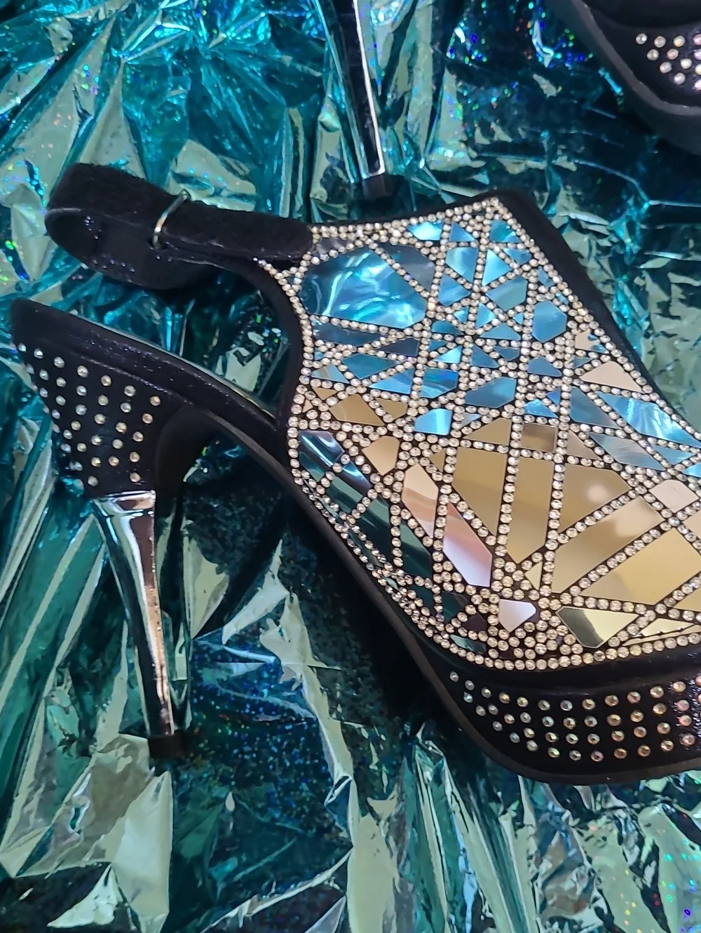 Embellished Black Mirror-Panel High Heel Sandals